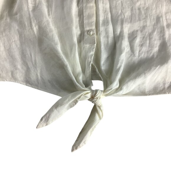 Charter Club Women’s White Linen Button Front Tie Hem Shirt Size M Collarless - Picture 6 of 16